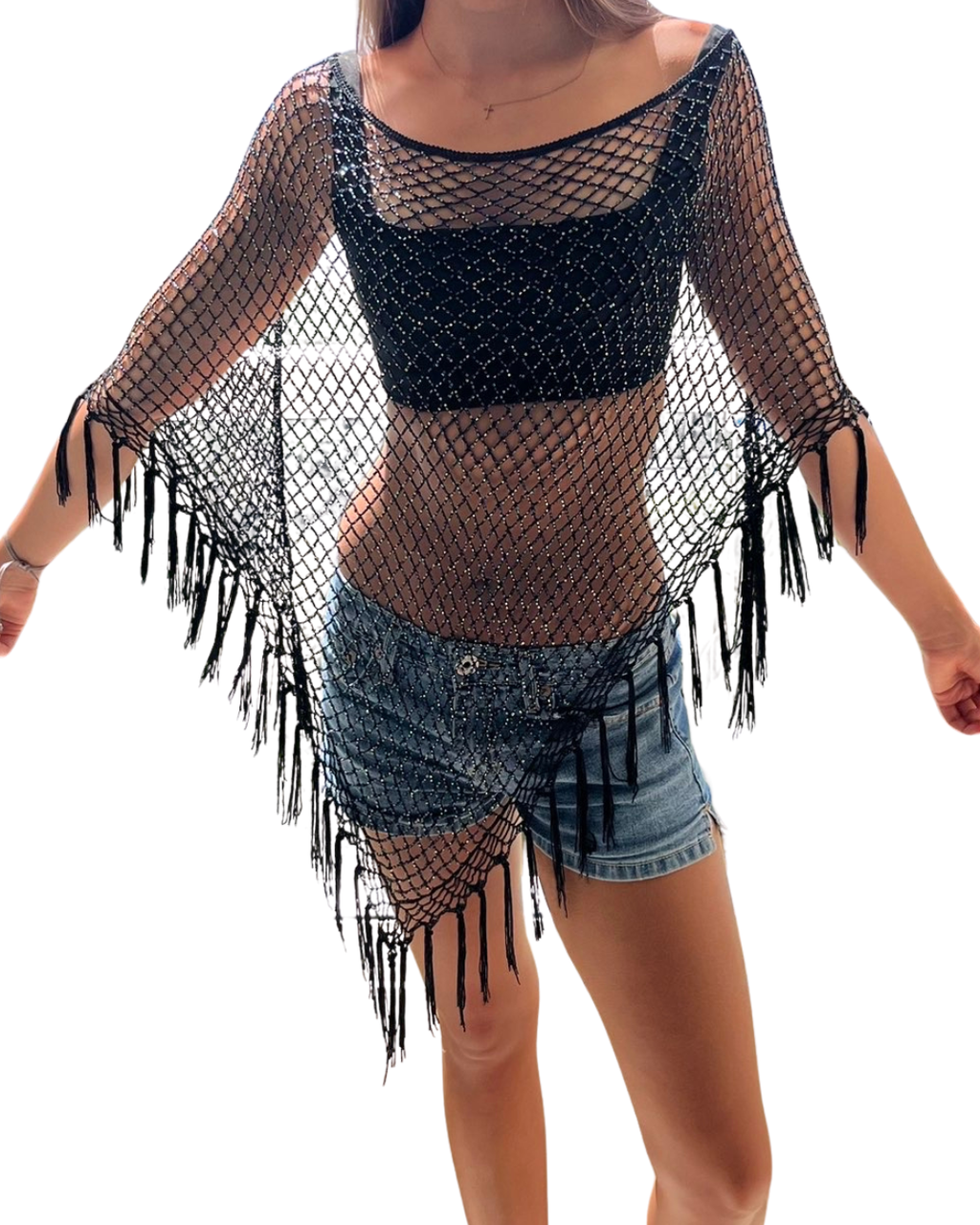 Black Sparkly Crochet Poncho with Tassel Detailing