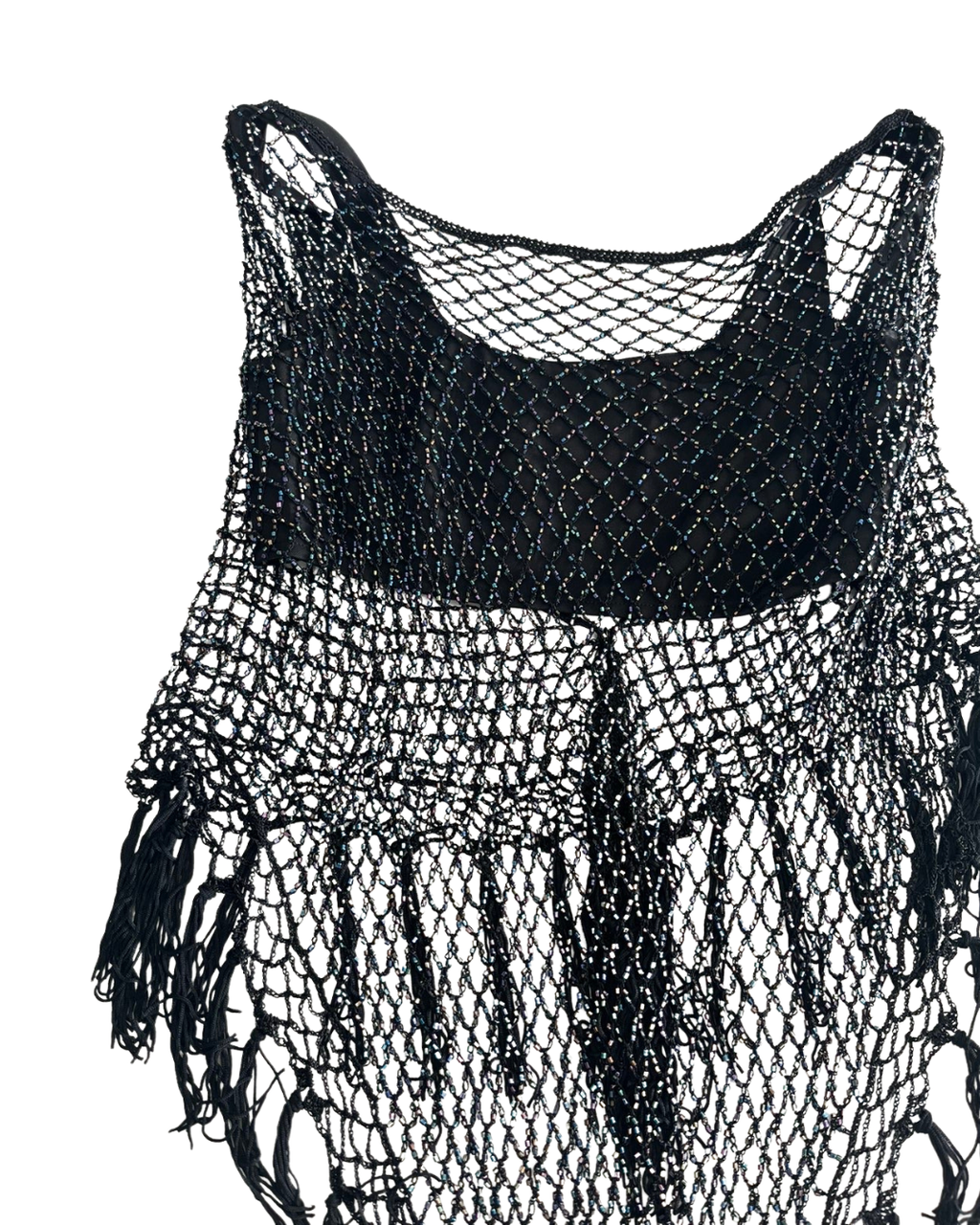 Black Sparkly Crochet Poncho with Tassel Detailing